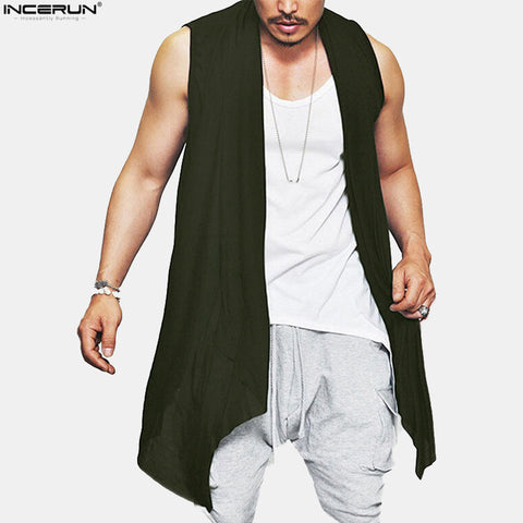 Image of INCERUN Irregular Hem Hip Hop Mens Tops Clothing Mens Summer Thin Casual Shawl Wrap High Street Slim Sleeveless Vest Cardigan