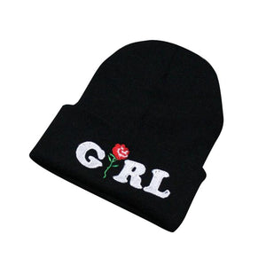 Women Beanie caps Girl Letters Printed Rose Embroidered Beanies Stocking Cap Hiking Cuffed Knit Adjustable Solid Hat