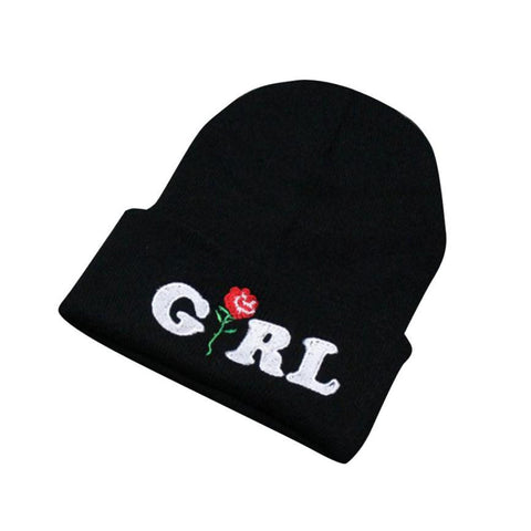 Image of Women Beanie caps Girl Letters Printed Rose Embroidered Beanies Stocking Cap Hiking Cuffed Knit Adjustable Solid Hat