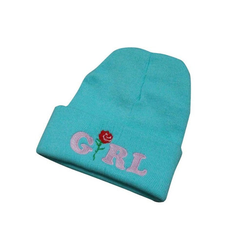 Image of Women Beanie caps Girl Letters Printed Rose Embroidered Beanies Stocking Cap Hiking Cuffed Knit Adjustable Solid Hat