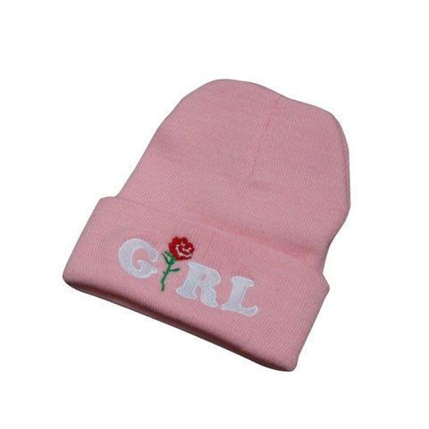 Image of Women Beanie caps Girl Letters Printed Rose Embroidered Beanies Stocking Cap Hiking Cuffed Knit Adjustable Solid Hat