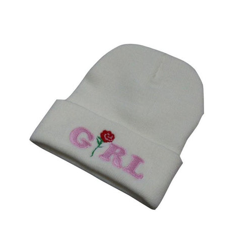 Image of Women Beanie caps Girl Letters Printed Rose Embroidered Beanies Stocking Cap Hiking Cuffed Knit Adjustable Solid Hat