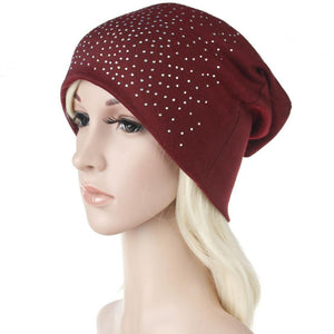 Fashion Rhinestones Women Hat Hot Drilling Cotton Hip Hop Hat Beanie Turban Head Wrap Cap Solid Gorro Feminino