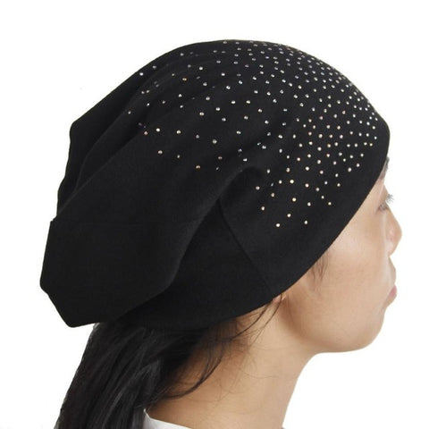 Image of Fashion Rhinestones Women Hat Hot Drilling Cotton Hip Hop Hat Beanie Turban Head Wrap Cap Solid Gorro Feminino