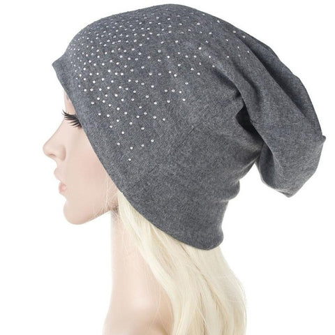 Image of Fashion Rhinestones Women Hat Hot Drilling Cotton Hip Hop Hat Beanie Turban Head Wrap Cap Solid Gorro Feminino