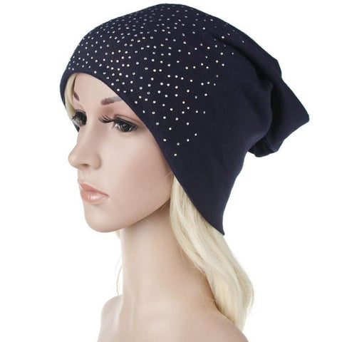 Image of Fashion Rhinestones Women Hat Hot Drilling Cotton Hip Hop Hat Beanie Turban Head Wrap Cap Solid Gorro Feminino