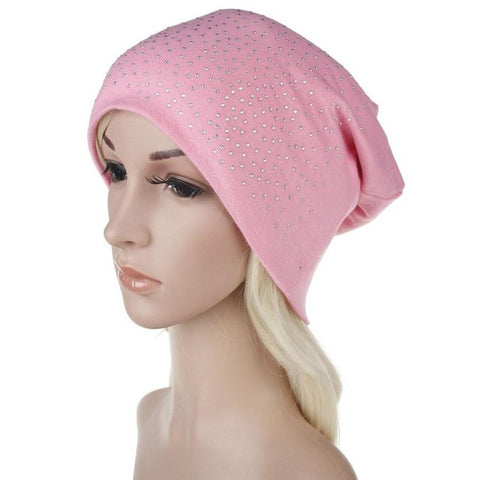 Image of Fashion Rhinestones Women Hat Hot Drilling Cotton Hip Hop Hat Beanie Turban Head Wrap Cap Solid Gorro Feminino