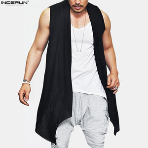 Casual Summer Hip Hop Tops Men Cardigan Vest Coat Sleeveless Long Jacket Coat Irregular Hem Shawl Wrap Waistcoat Punk Style Top