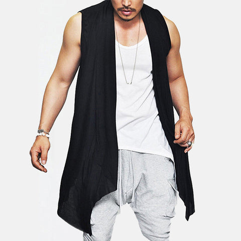 Image of Stylish Summer Men Shirt Sleeveless Cardigan Long Jacket Black Coat Punk Irregular Hem Hip Hop Casual Shawl Waistcoat Vest Top